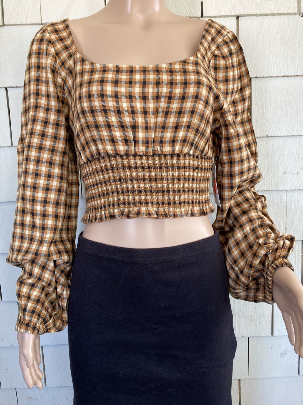 Boho Cottagecore NWT BP Brown and Beige Plaid Blouse Size XS